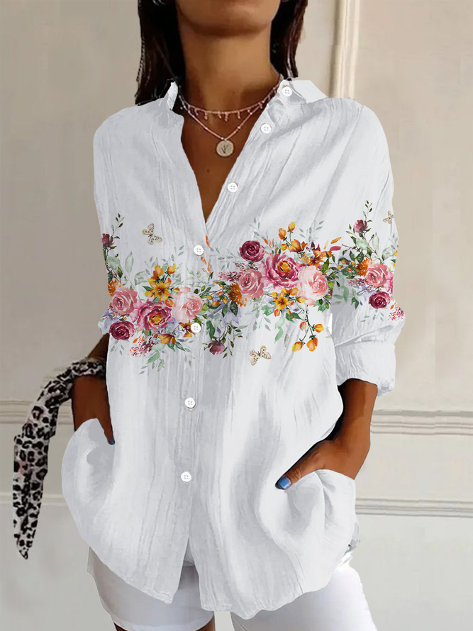 Women Casual Floral Spring/Fall No Elasticity Daily Loose H-Line Buckle Regular Shirts