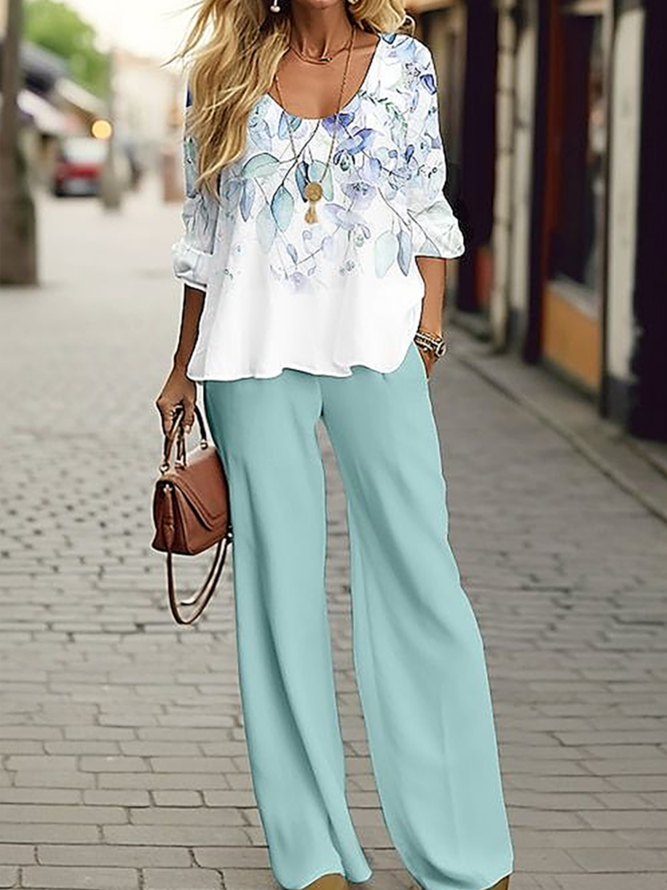 Women Casual Floral Spring/Fall Polyester Natural No Elasticity Crew Neck Top With Pants H-Line Two-Piece Sets
