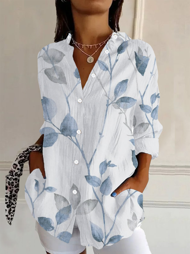 Women Casual Floral Spring/Fall No Elasticity Daily Loose Regular H-Line Shirt Collar Shirts