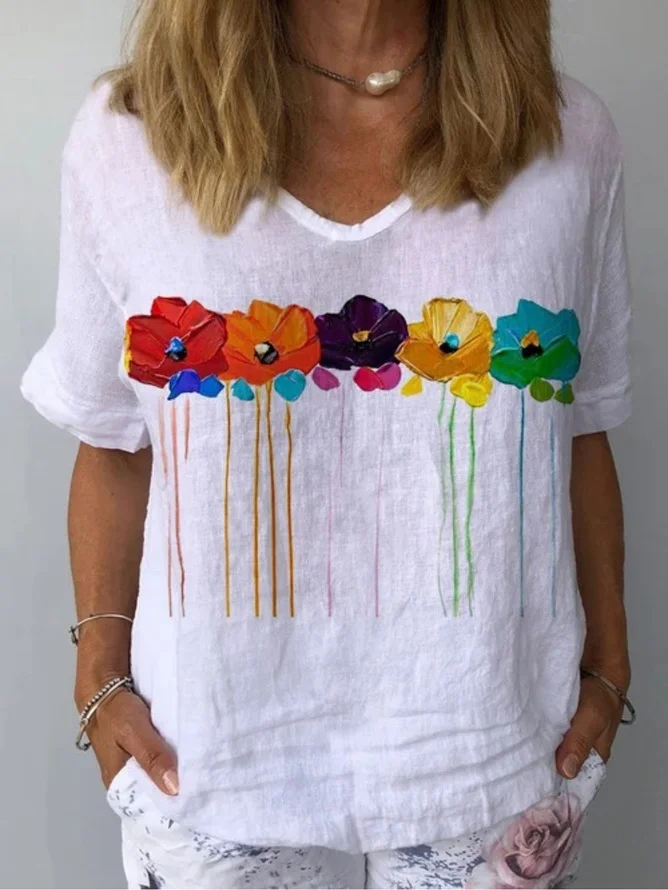Women Casual Floral Summer Natural Short Sleeve Crew Neck Regular H-Line Regular Blouses