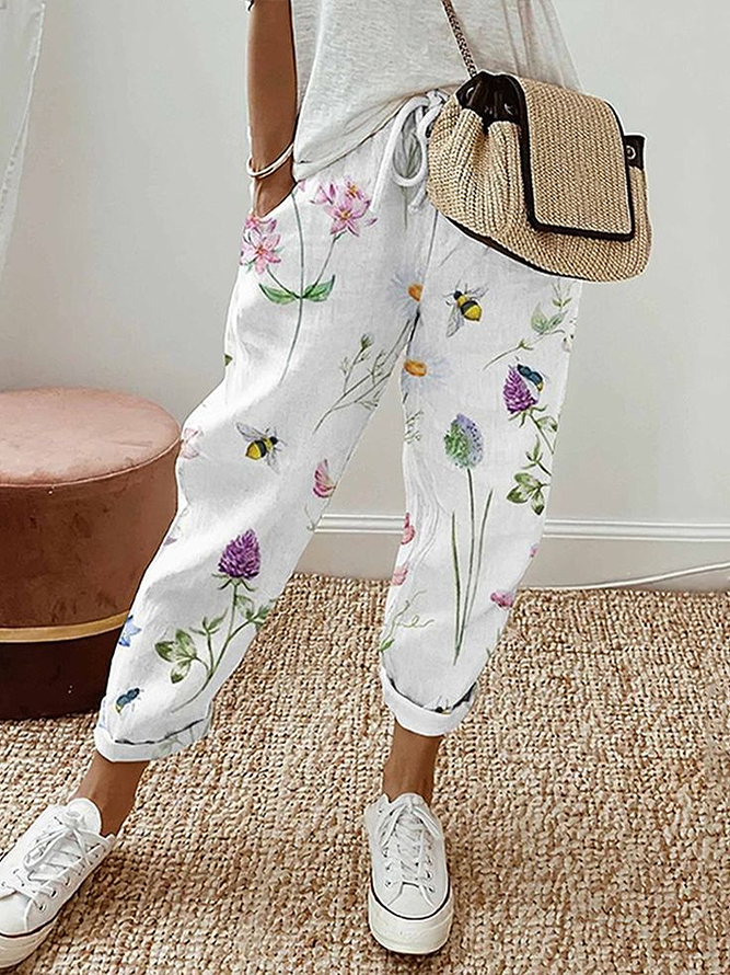 Women Casual Floral Spring/Fall Printing Natural Daily Loose Ankle Pants H-Line Pants