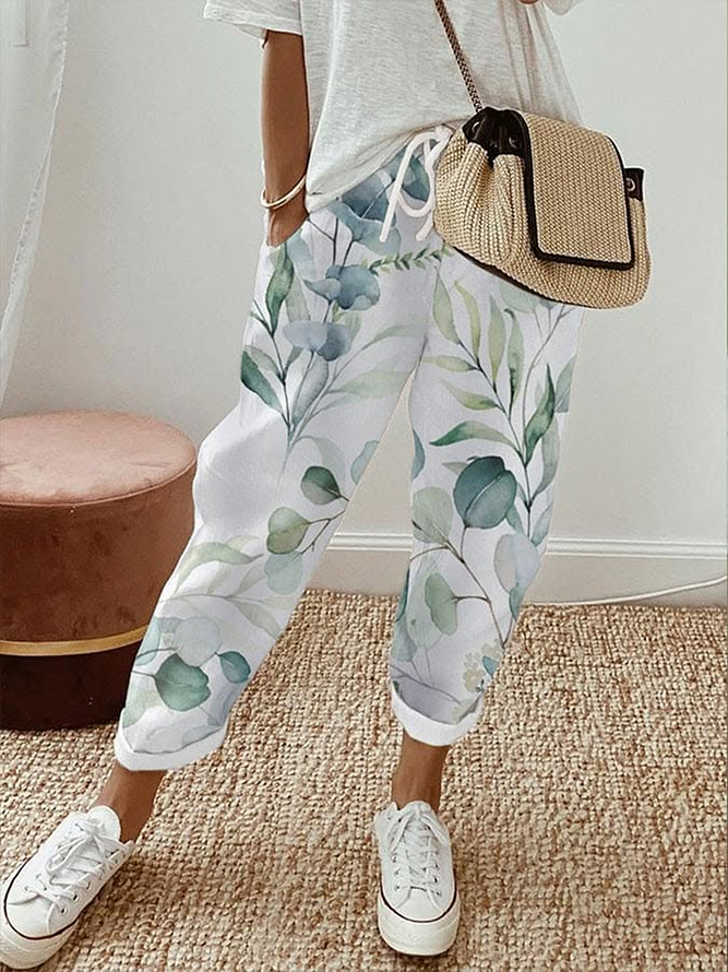 Women Casual Floral Spring/Fall Polyester Natural Micro-Elasticity Daily Loose H-Line Pants