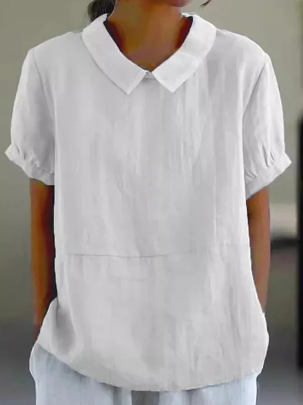 Women Vintage Plain Summer Polyester Micro-Elasticity Daily Loose Short Sleeve Shawl Collar T-shirts