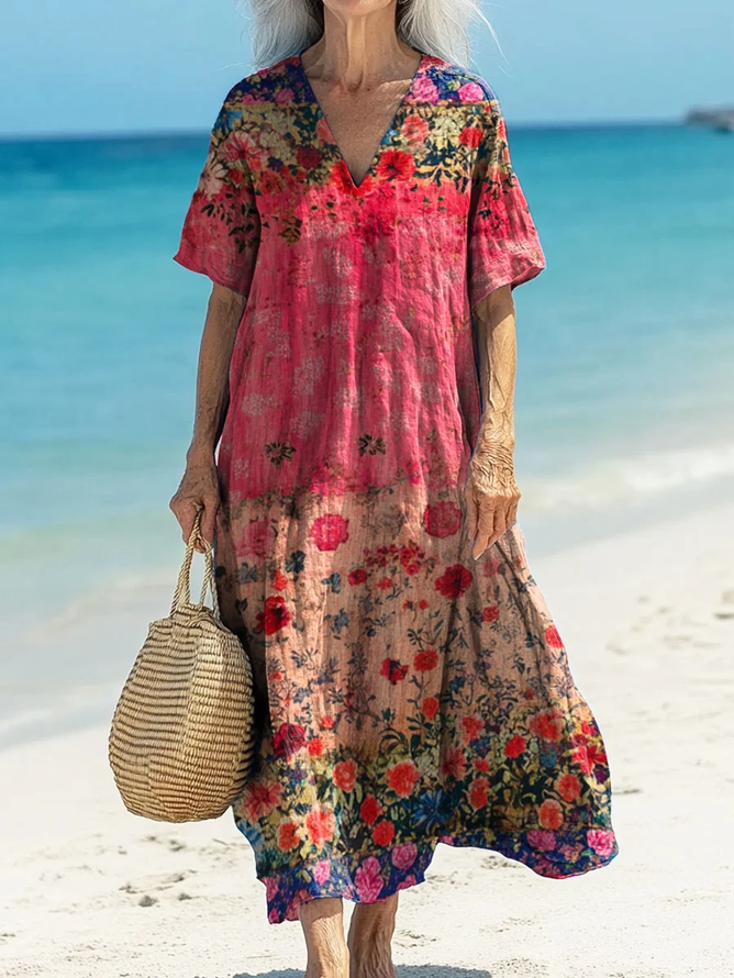 Casual Floral Summer V neck Printing Loose Short Sleeve T-Shirt Dress No Dresses for Women