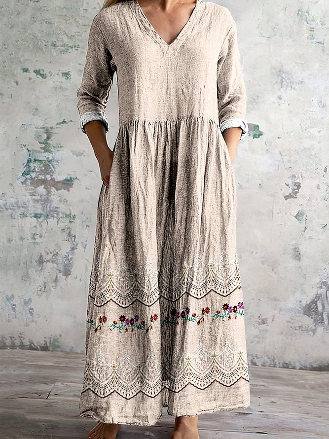 Casual Floral Spring/Fall Cotton V neck Natural A-Line Regular No Belt Dresses for Women