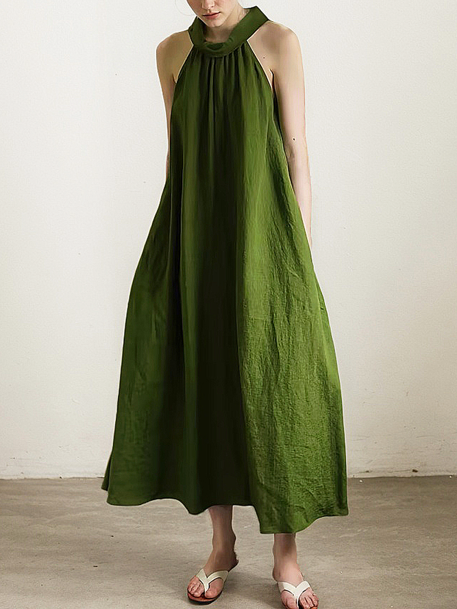 Women Plain Summer Vacation Linen Halter Natural No Elasticity Loose No Dresses