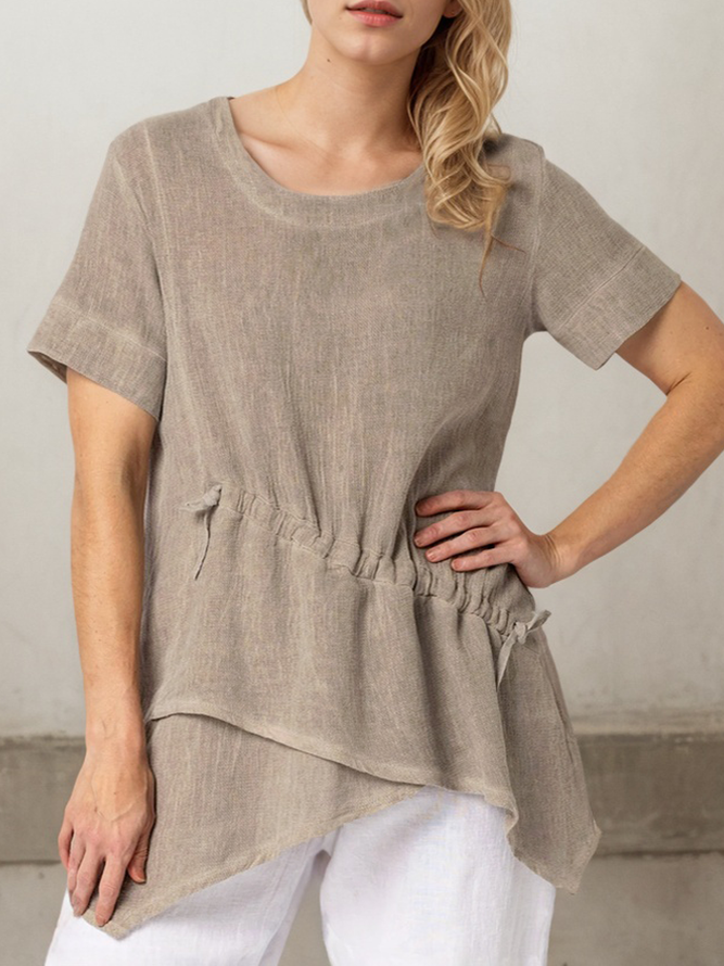 Casual Plain Summer Linen Asymmetric No Elasticity Short Sleeve Crew Neck Regular Blouses for Women