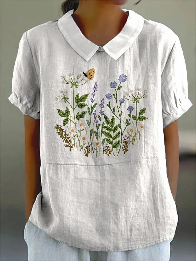 Elegant Floral Summer Polyester No Elasticity Daily Loose Shawl Collar Regular Blouses for Women