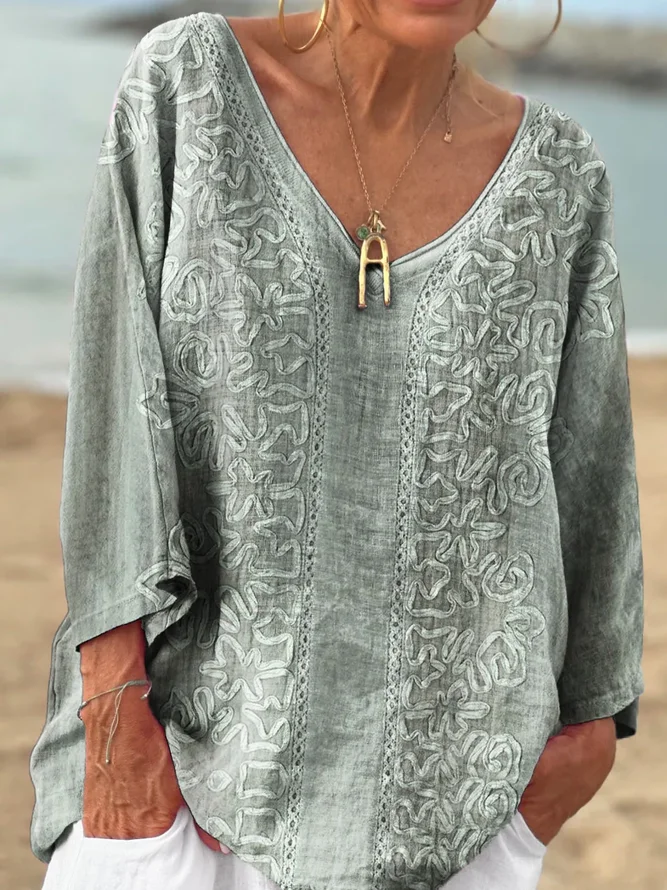 Women Ethnic Geometry Casual Spring/Fall Cotton V neck Micro-Elasticity Daily Regular Fit Regular T-shirts