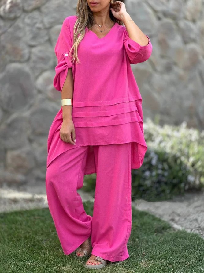 Women Casual Plain Summer Lightweight No Elasticity Daily Loose Mid Waist Pullover Two-Piece Sets