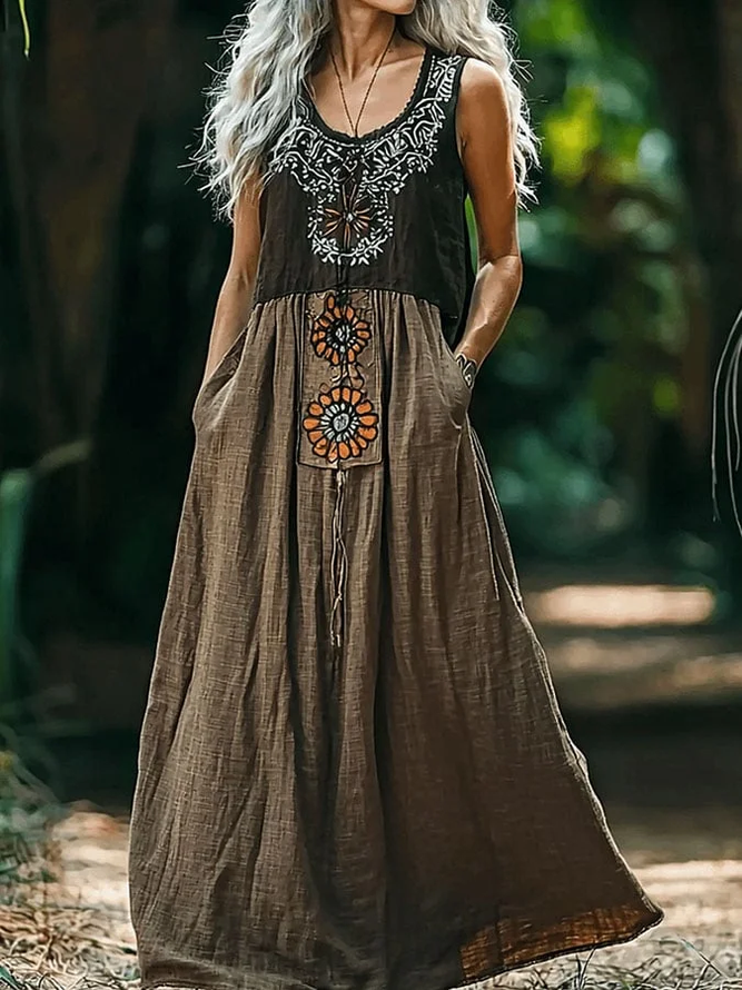 Casual Summer Ethnic Geometry Polyester V neck Micro-Elasticity Regular Fit Maxi Regular Dresses for Women