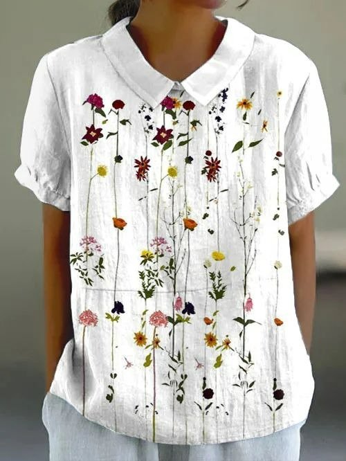 Women Casual Floral Summer Cotton No Elasticity Daily Half Sleeve Shawl Collar H-Line Blouses