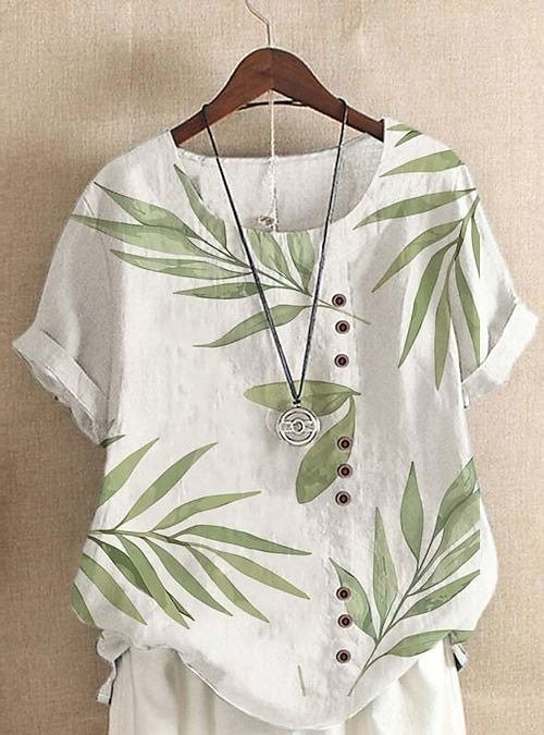 Women Elegant Summer Plants No Elasticity Household Regular Fit Crew Neck Regular Regular Blouses