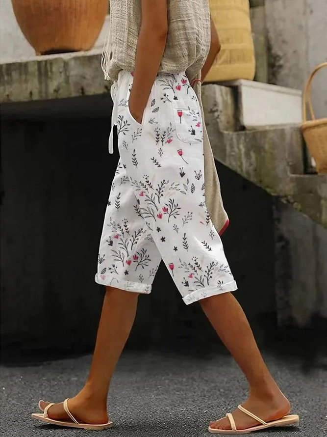 Casual Floral Summer Natural Micro-Elasticity Daily Regular Fit Regular Fifth Pants Pants for Women
