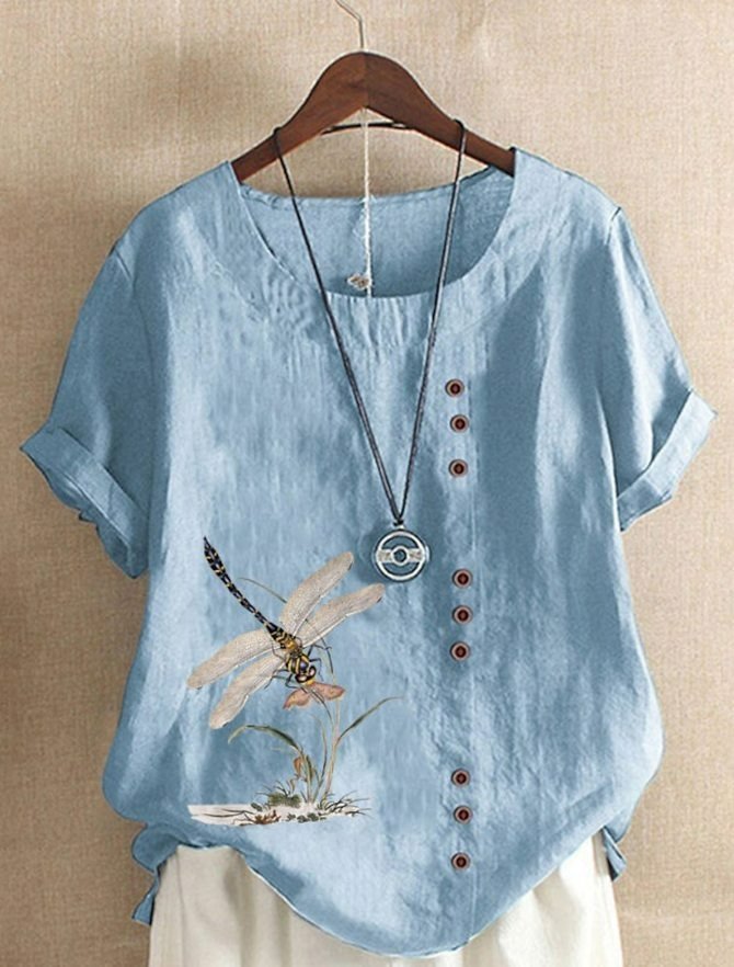 Women Casual Dragonfly Summer Cotton No Elasticity Daily Crew Neck Regular H-Line Blouses