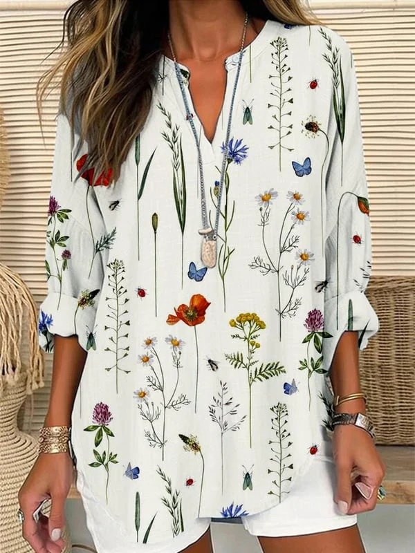 Women Casual Floral Spring/Fall V neck Printing Long Sleeve Cotton-Blend A-Line Regular Blouses