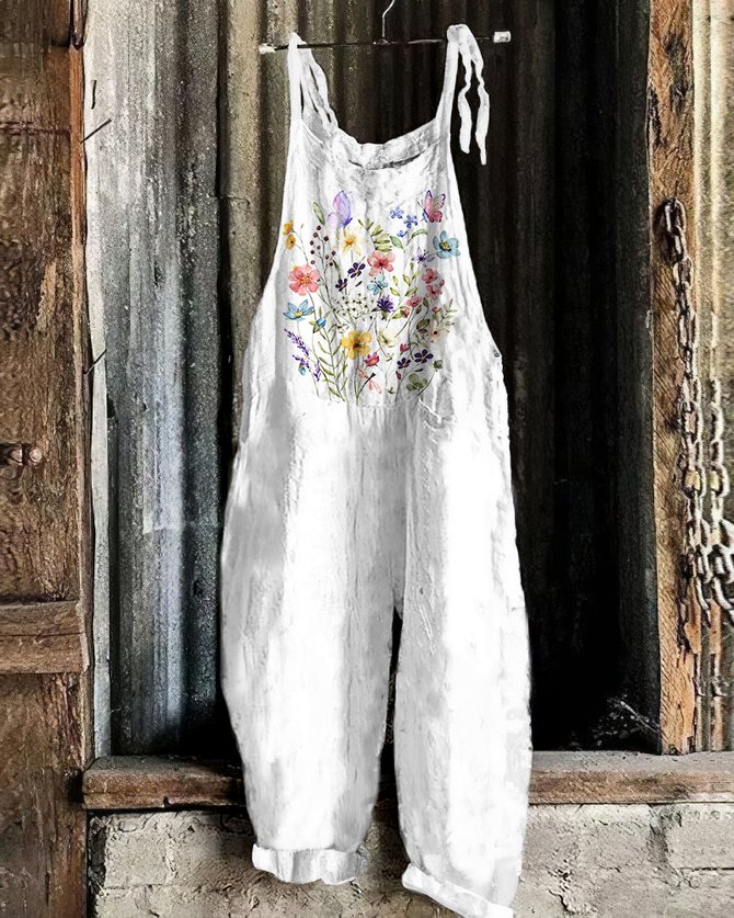 Casual Floral Summer Linen Spaghetti Daily Sleeveless Cami Regular Jumpsuits for Women