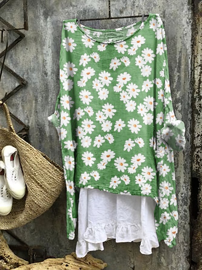 Casual Floral Spring/Fall Cotton Micro-Elasticity Regular Fit Long Sleeve Regular No Dresses for Women
