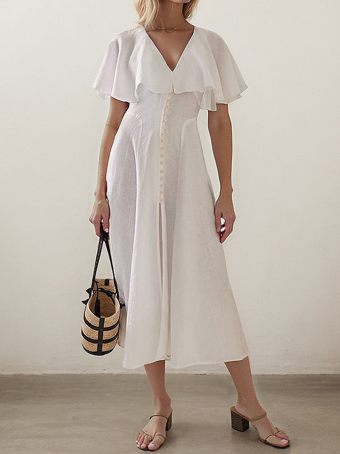 Women Plain Summer Elegant Linen Regular Fit Short Sleeve X-Line No Together Dresses