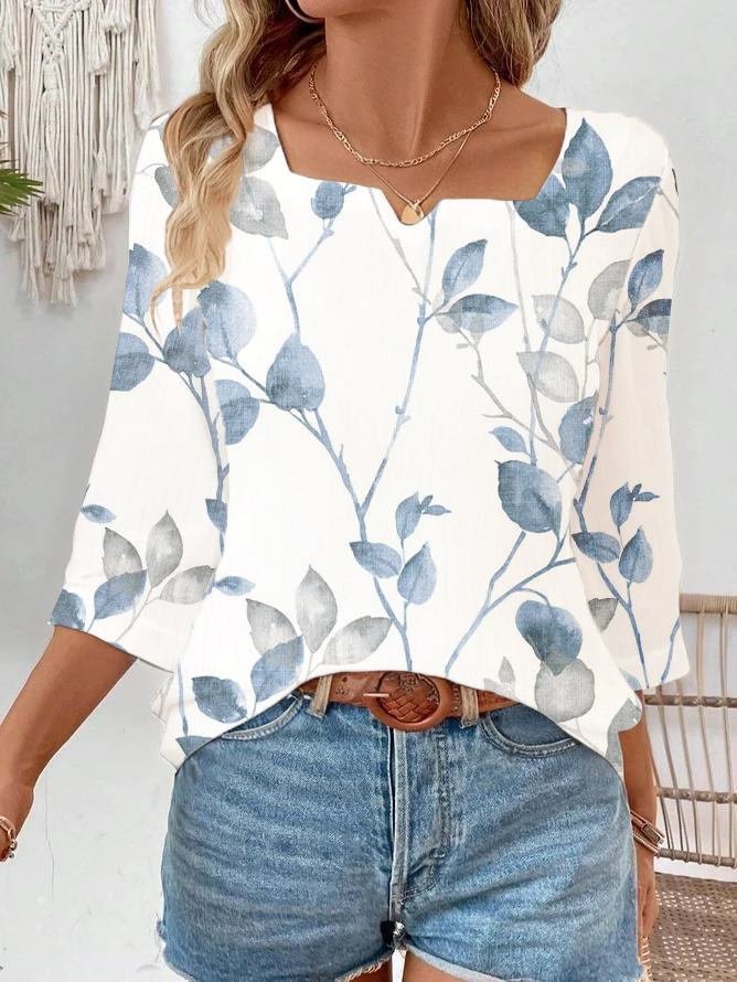 Women Casual Floral Spring/Fall Polyester No Elasticity Loose Three Quarter Sleeve Regular H-Line Blouses