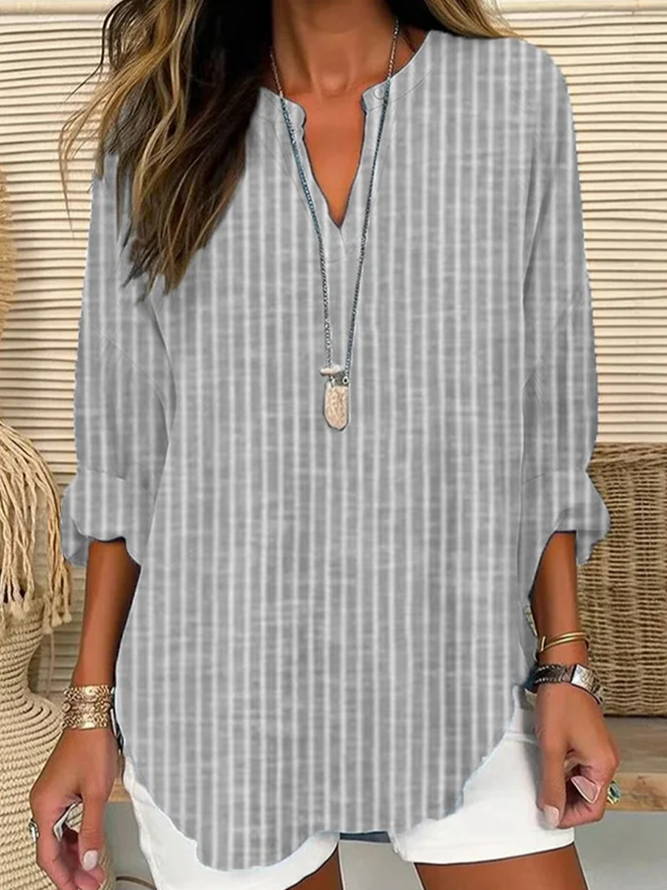 Women Striped Casual Spring/Fall V neck No Elasticity Daily Cotton-Blend A-Line Regular Blouses