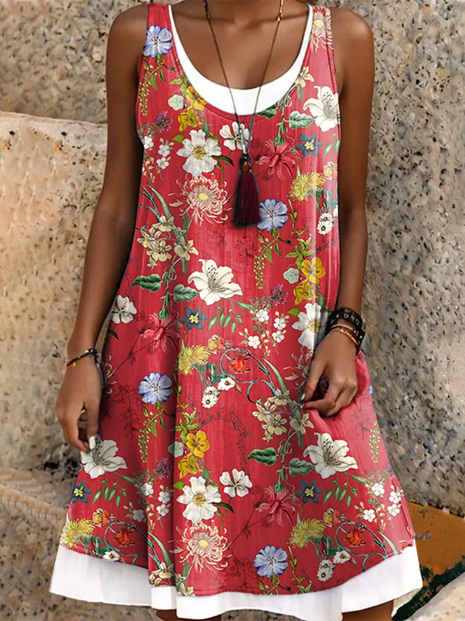 Women Boho Floral Summer Cotton Micro-Elasticity Midi Sleeveless Crew Neck Regular Dresses
