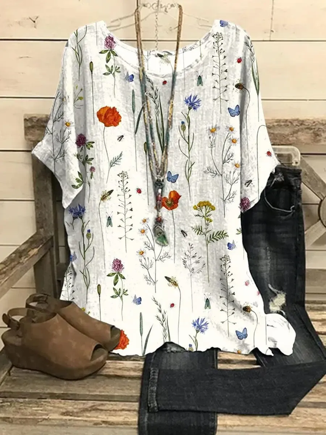 Casual Floral Spring/Fall Micro-Elasticity Daily Three Quarter Sleeve Regular H-Line Regular T-shirts for Women
