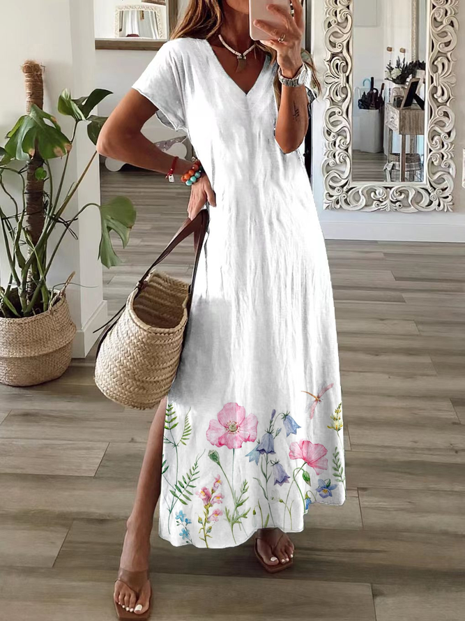 Casual Floral Summer Polyester Loose Maxi Short Sleeve T-Shirt Dress X-Line Dresses for Women