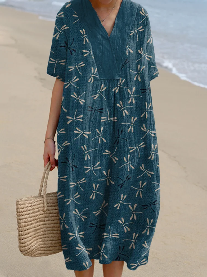 Women Vacation Summer Dragonfly Micro-Elasticity Regular Fit Short Sleeve Crew Neck A-Line No Dresses