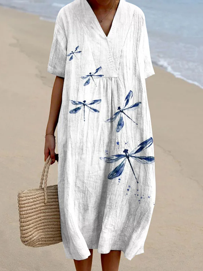 Women Vacation Summer Dragonfly Cotton Natural Daily Regular Fit Short Sleeve Crew Neck Dresses