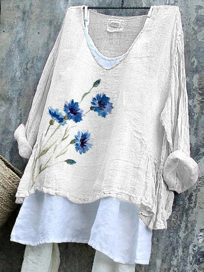 Linen Floral Spring/Fall V neck Micro-Elasticity Daily Loose Long Sleeve Regular T-shirts for Women