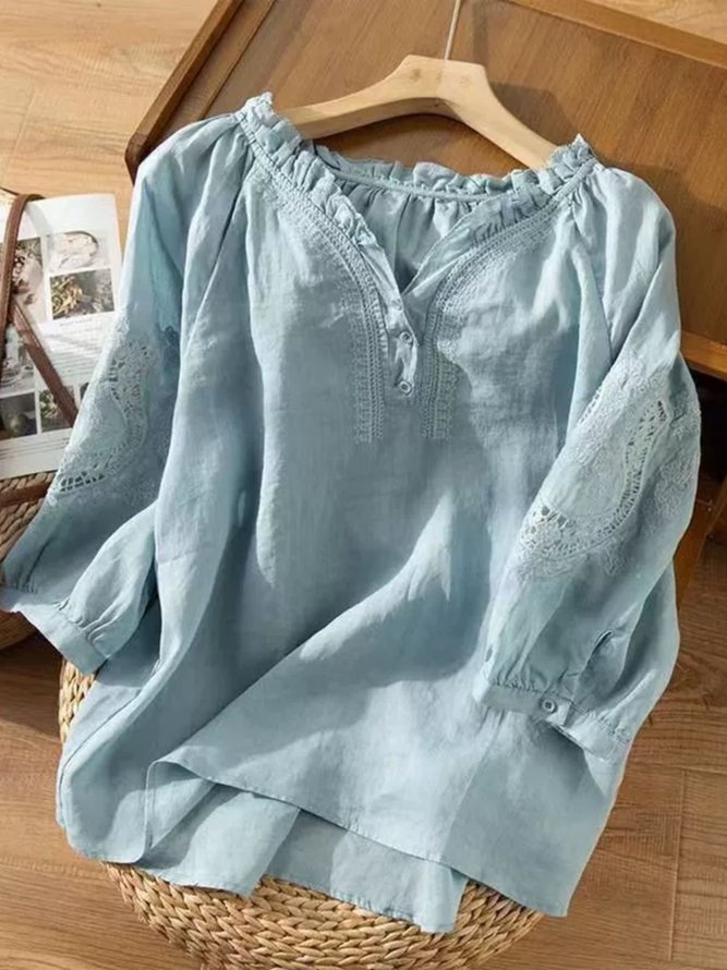 Women Casual Plain Spring/Fall Polyester No Elasticity Daily Lotus Leaf Collar Long Sleeve H-Line Blouses