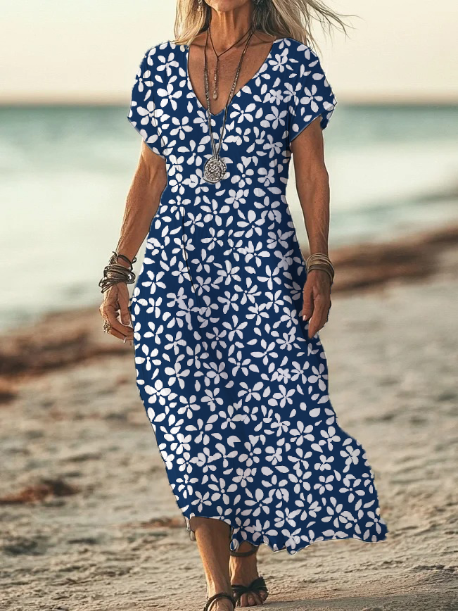 Women Casual Floral Summer V neck Printing Maxi Short Sleeve X-Line Regular Dresses