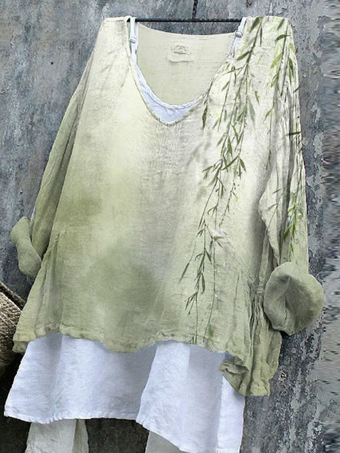 Women Casual Floral Spring/Fall V neck Printing Micro-Elasticity Long Sleeve Regular Regular Blouses