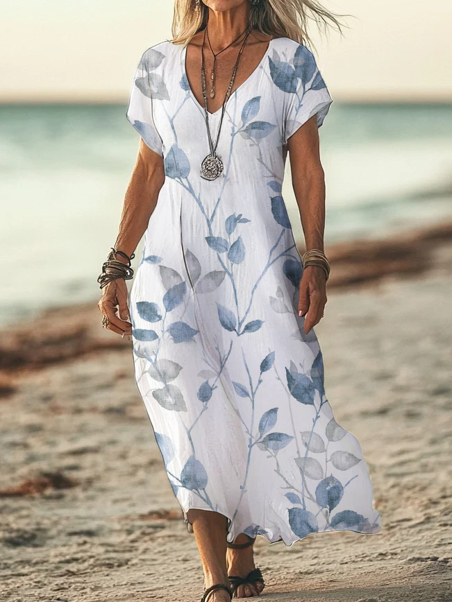 Casual Floral Summer Natural Micro-Elasticity Daily Maxi Short Sleeve No Dresses for Women