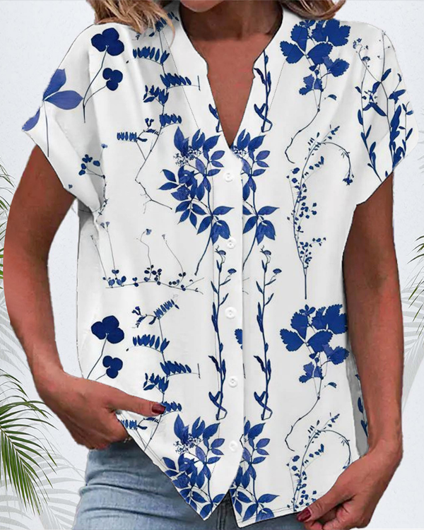 Women Casual Floral Summer V neck Micro-Elasticity Regular Fit Short Sleeve H-Line Regular Shirts