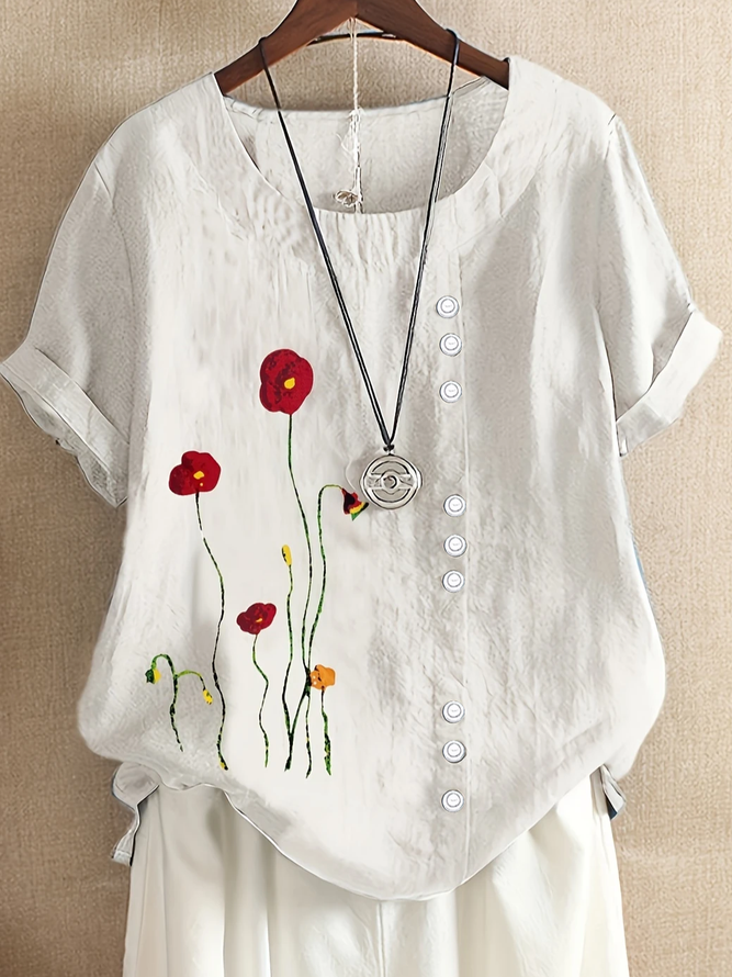 Women Casual Floral Summer Printing Micro-Elasticity Daily Short Sleeve Crew Neck Regular Shirts