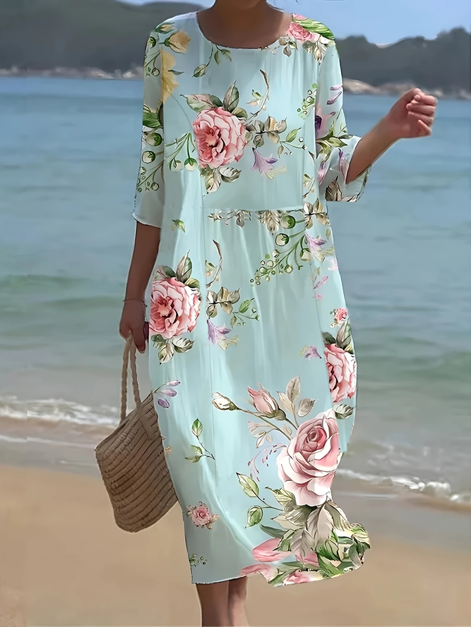 Women Casual Floral Summer Printing Natural No Elasticity Daily Half Sleeve H-Line Dresses