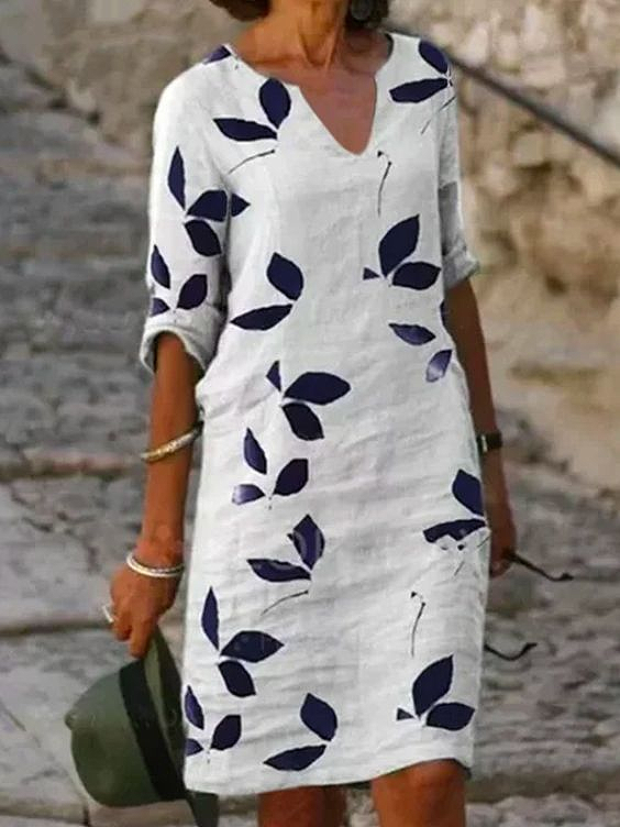 Women Casual Floral Summer V neck Printing No Elasticity Loose Half Sleeve Regular Dresses