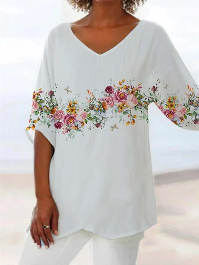 Women Casual Floral Summer Polyester V neck Printing No Elasticity Daily Loose Shirts