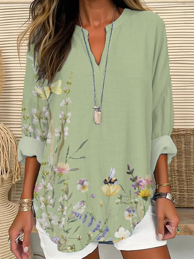 Women Casual Floral Spring/Fall V neck Printing Loose Long Sleeve Regular Regular Blouses