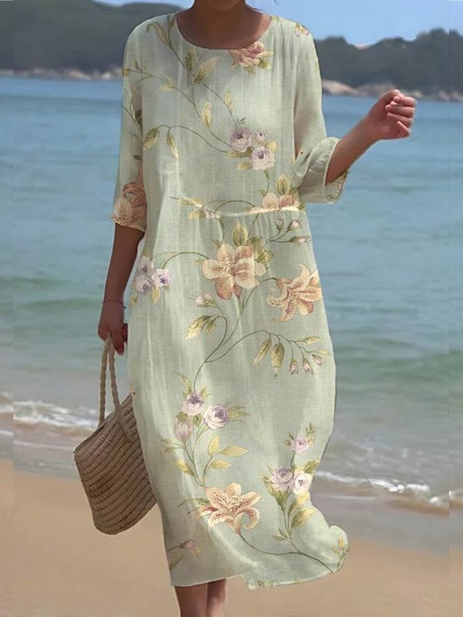 Women Casual Floral Summer Polyester Natural No Elasticity Daily Loose Regular Dresses