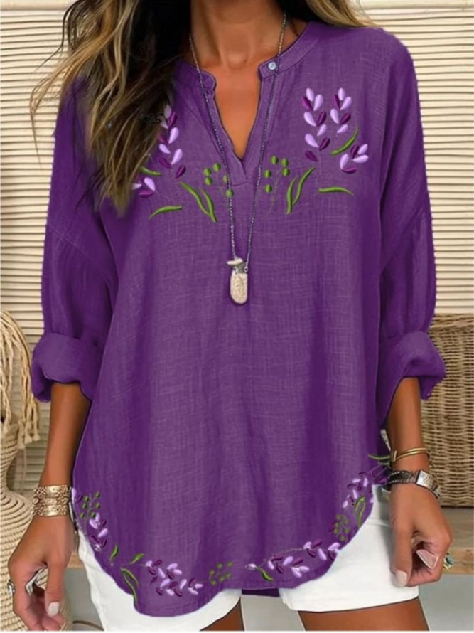 Women Casual Floral Spring/Fall Polyester No Elasticity Daily Loose Shawl Collar H-Line Blouses