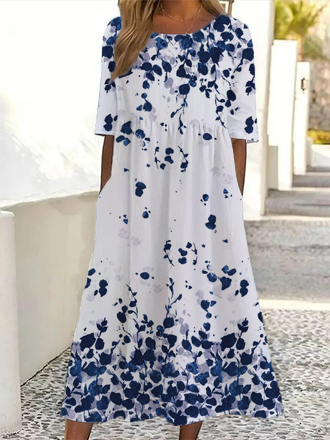 Women Casual Leaf Summer Polyester Printing Daily Short Sleeve H-Line No Dresses