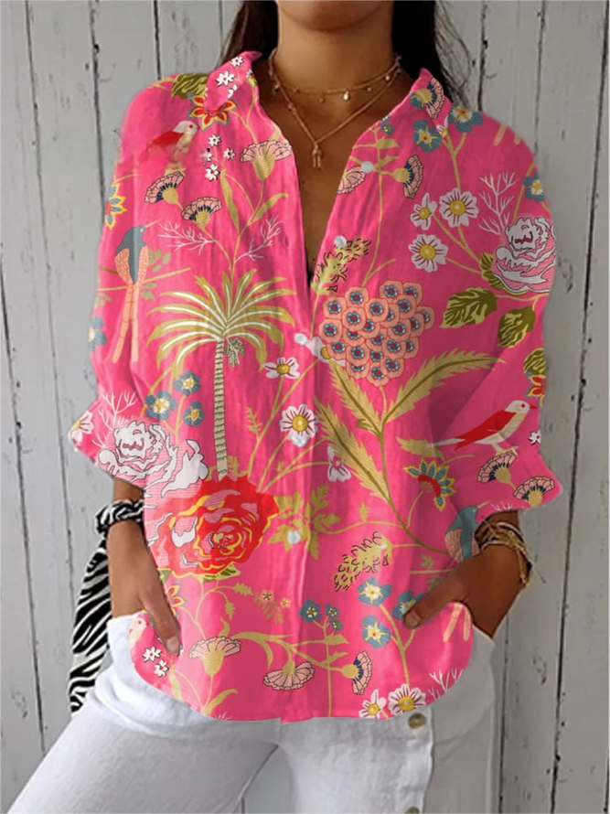 Women Casual Floral Spring/Fall Polyester No Elasticity Daily Loose H-Line Shirt Collar Shirts