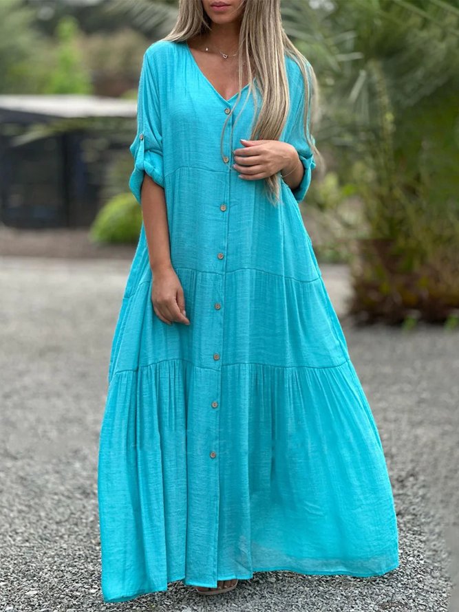 Casual Plain Summer V neck No Elasticity Daily Loose Long Sleeve No Dresses for Women