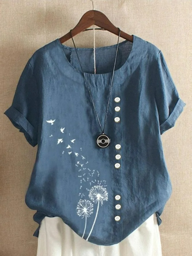 Women Simple Summer Dandelion No Elasticity Regular Fit Half Sleeve Crew Neck Regular H-Line Blouses
