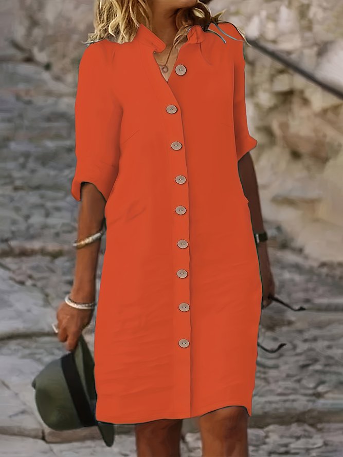 Casual Plain All Season Stand Collar No Elasticity Button Loose Midi Shirt Dress Shirt Dresses for Women