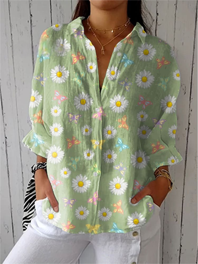 Women Casual Floral Spring/Fall No Elasticity Daily Loose Regular Regular Shirt Collar Shirts