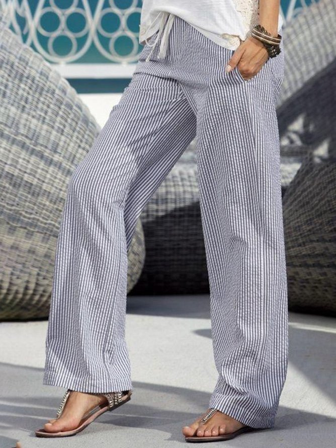 Women Striped Casual Spring/Fall Polyester Natural Daily Long Regular Baggy Pants Pants